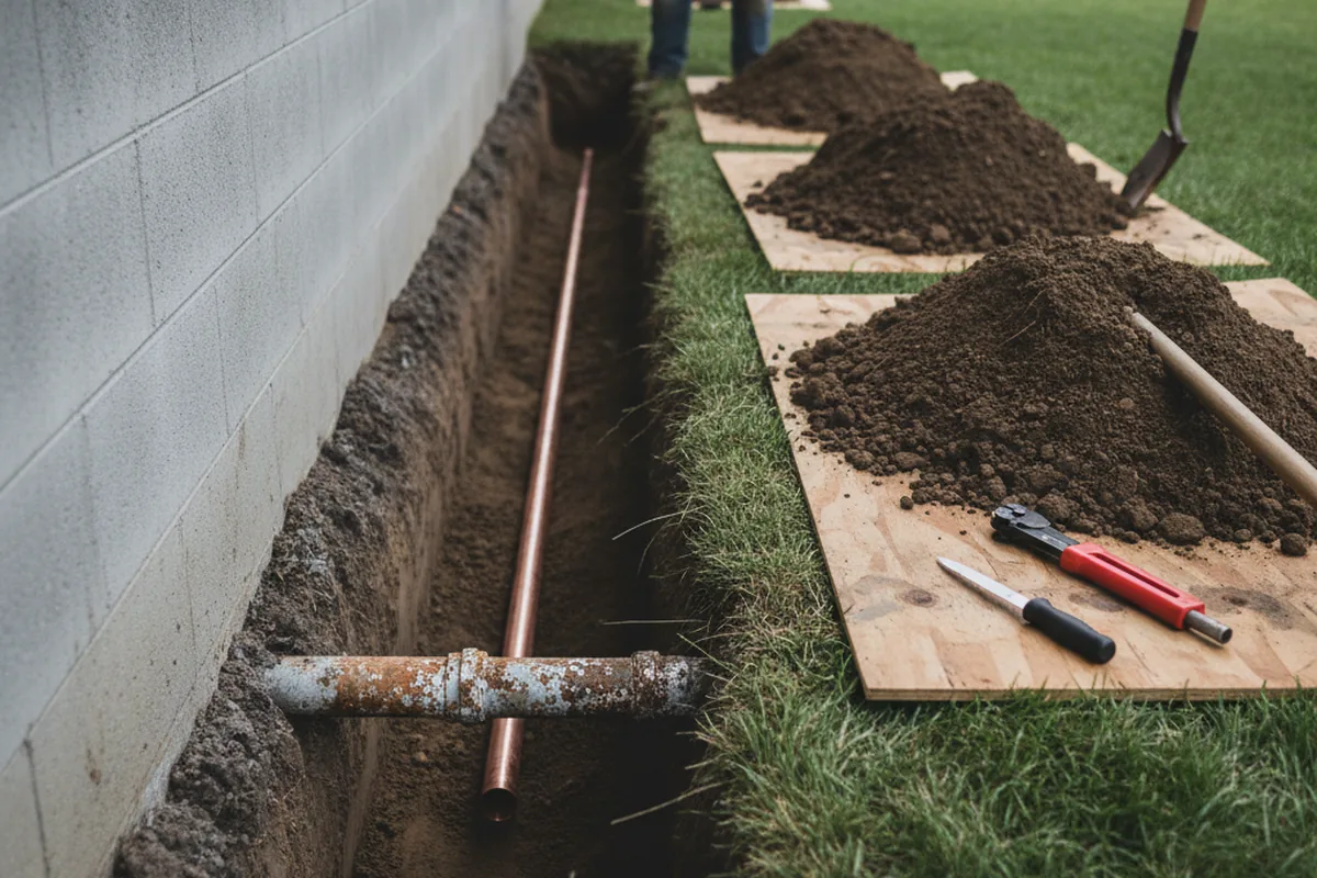 Excavated water line trench during Sewer Line Repair in Chepachet